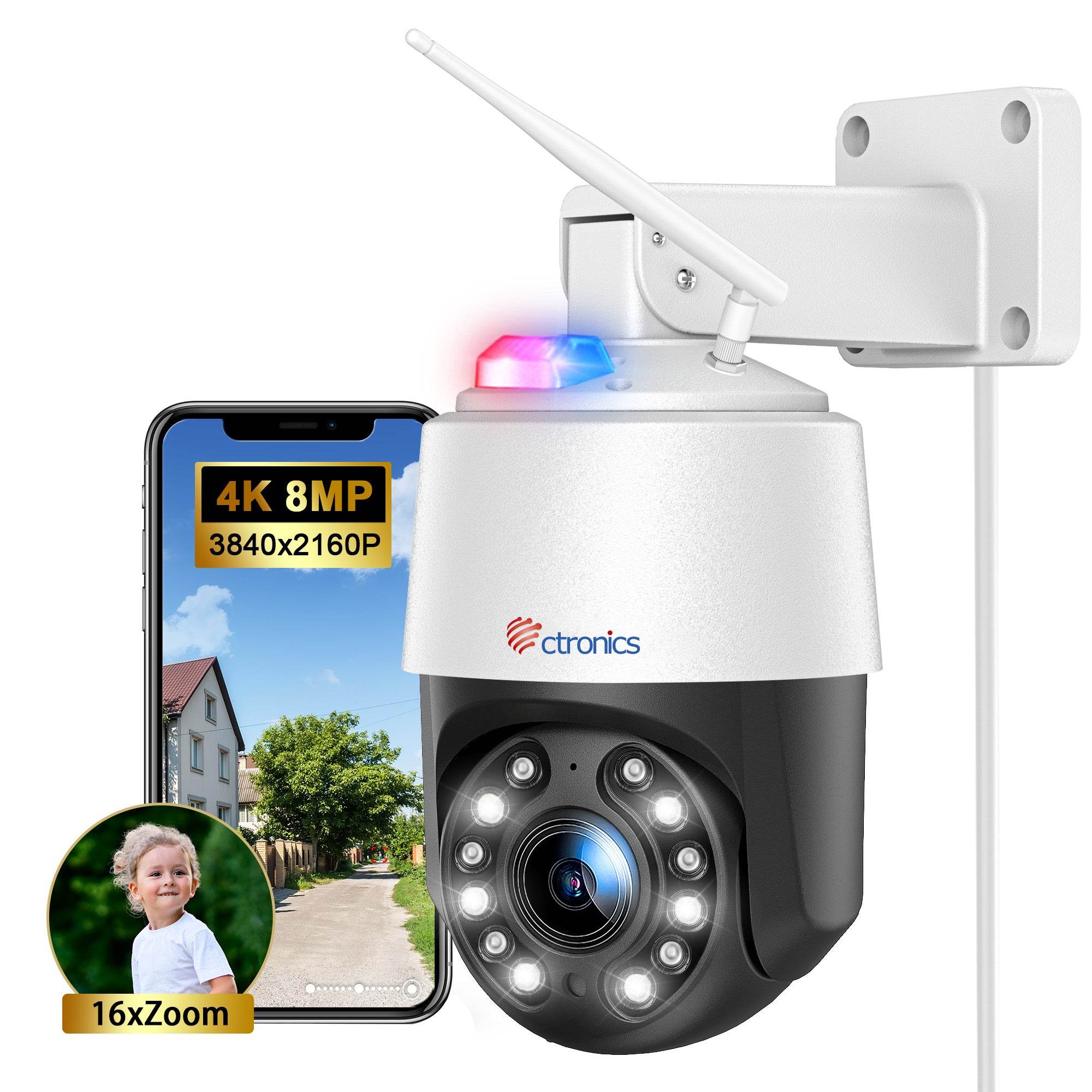 Ctronics 4K Caméra Surveillance Extérieure Avec Zoom Optique 5X, Vision Nocturne Couleur/IR Starlight 50m, Suivi Auto, Lumière Rouge-Bleue & Sirène, WiFi 5G/2,4G, App/PC, SD 256Go/FTP/NAS