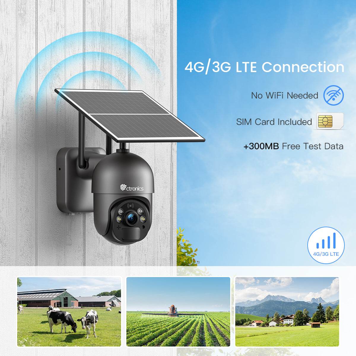 Ctronics 3G/4G LTE Caméra Surveillance Solaire Extérieure sans Fil Carte SIM avec Batterie 10400mAh 360° Vision Nocturne Couleur 30M - fr.ctronics