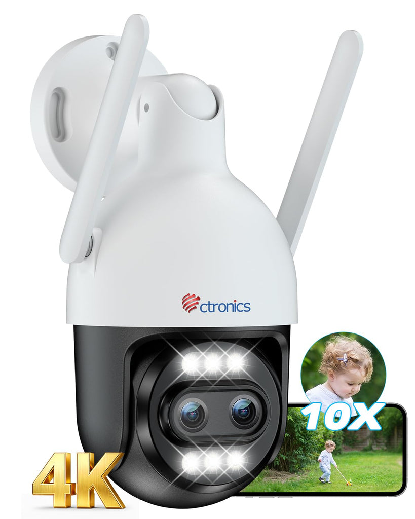 Ctronics 10X zoom hybride 4K Caméra de surveillance extérieure double objectif, suivi automatique / détection des personnes / véhicules / animaux, FTP & NVR