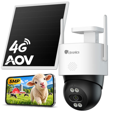Ctronics Caméra de Surveillance 4G Solaire Extérieure 3K, Vision Nocturne Couleur, Suivi Auto & Enregistrement 24/7 (IP66)
