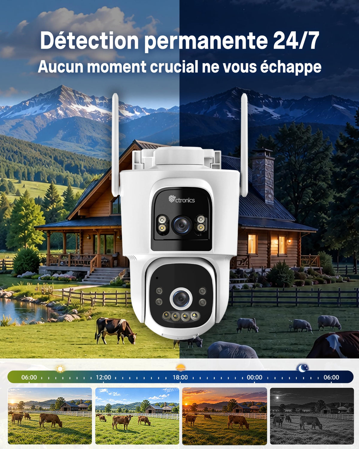 Ctronics Caméra de Surveillance Extérieure 4G Solaire sans WiFi, Double Objectif 2K, Enregistrement 24/7, Détection IA