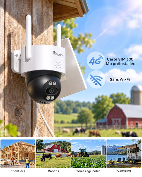 Ctronics Caméra de Surveillance 4G Solaire Extérieure 3K, Vision Nocturne Couleur, Suivi Auto & Enregistrement 24/7 (IP66)
