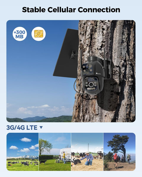 Ctronics Caméra Surveillance Extérieur 4G LTE Double Objectif, Noir Sans Fil, Batterie 15600mAh, Panneau Solaire 8W, Carte SIM Vision Nocturne Couleur, Détection PIR PC/Cloud/IP66-NO WiFi