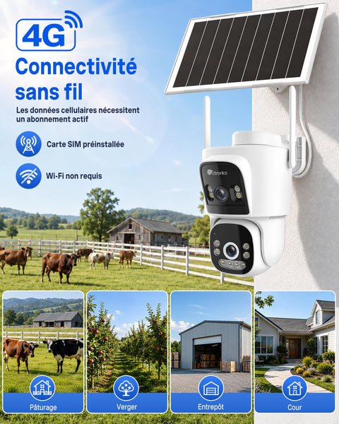 Ctronics Caméra de Surveillance Extérieure 4G Solaire sans WiFi, Double Objectif 2K, Enregistrement 24/7, Détection IA