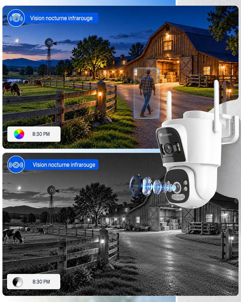 Ctronics Caméra de Surveillance Extérieure 4G Solaire sans WiFi, Double Objectif 2K, Enregistrement 24/7, Détection IA