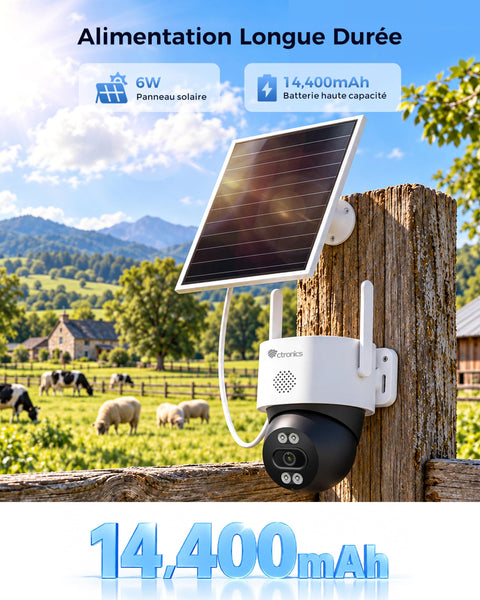 Ctronics Caméra de Surveillance 4G Solaire Extérieure 3K, Vision Nocturne Couleur, Suivi Auto & Enregistrement 24/7 (IP66)