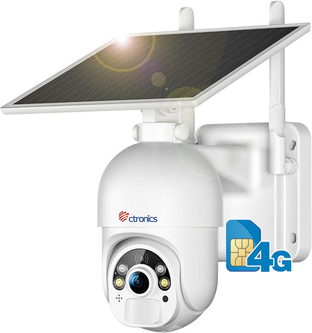 Ctronics Caméra Solaire 4G Sans WiFi, Extérieur Étanche, 4MP 360° Vision, Audio, PIR Détection