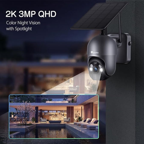 Ctronics 2K 3MP Caméra Surveillance Solaire WiFi Extérieure avec Panneau Solaire Détection PIR