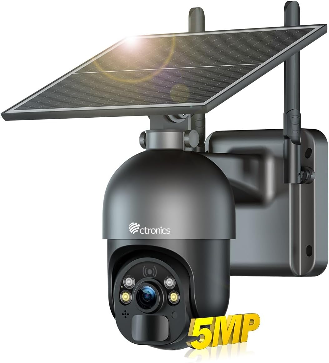 Ctronics Caméra Surveillance Extérieure 5MP Solaire 6W, Sans Fil, Alarme, Vision Nocturne, Détection Humaine