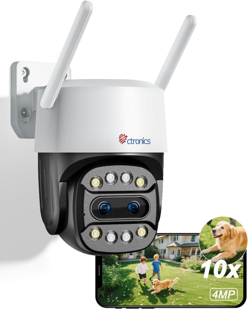 Ctronics Zoom Hybride 10X Caméra de Surveillance Extérieure 2,5K et Double Objectif, Caméra PTZ WiFi 4MP, Détection Humain/Véhicule