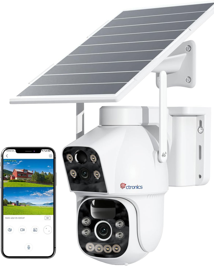Ctronics Caméra de surveillance sans fil à double objectif 4G LTE Batterie 15600mAh et panneau solaire 8W