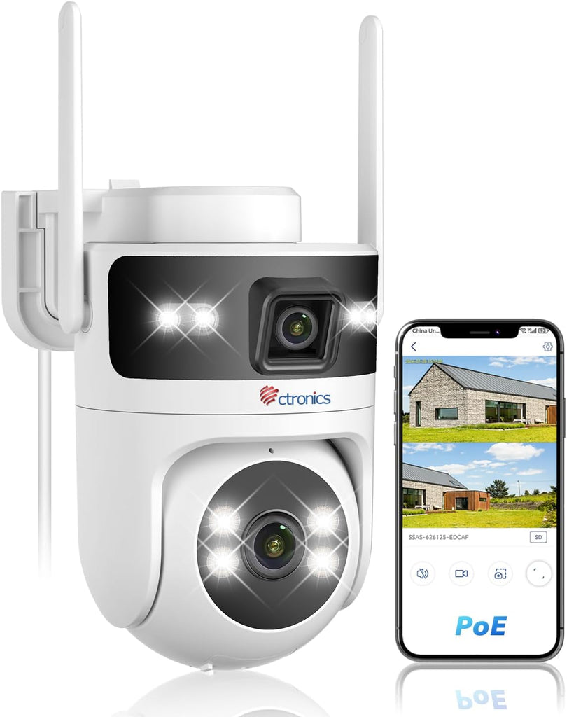 Ctronics Caméra PoE Extérieure Double Objectif, WiFi 2.4/5GHz, PTZ, Vision Nocturne Couleur, IP66
