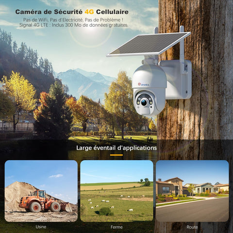 Ctronics Caméra Solaire 4G Sans WiFi, Extérieur Étanche, 4MP 360° Vision, Audio, PIR Détection