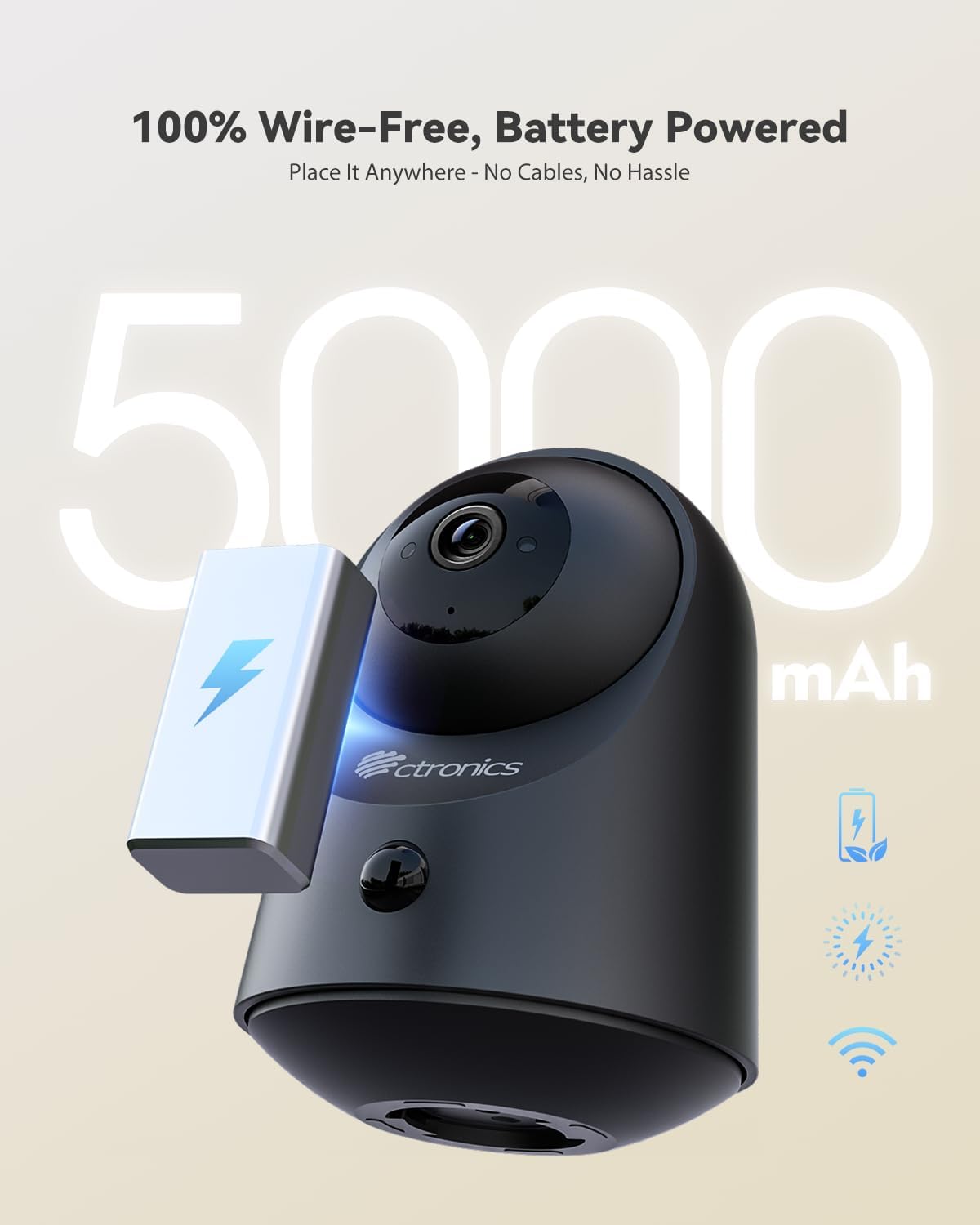 Ctronics Caméra Surveillance Intérieure 2K 3MP WiFi, Batterie, Vision Nocturne, Détection PIR, PTZ 360°