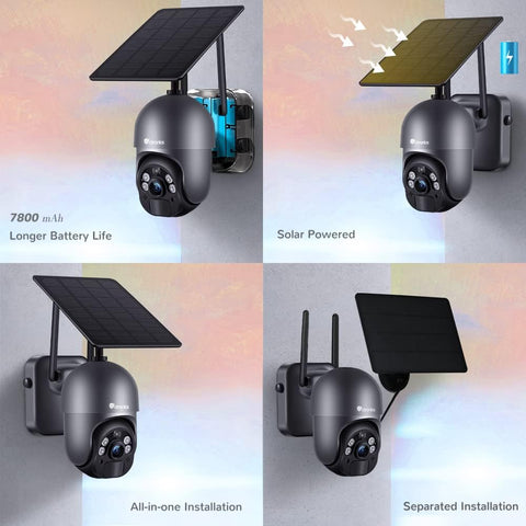 Ctronics 2K 3MP Caméra Surveillance Solaire WiFi Extérieure avec Panneau Solaire Détection PIR