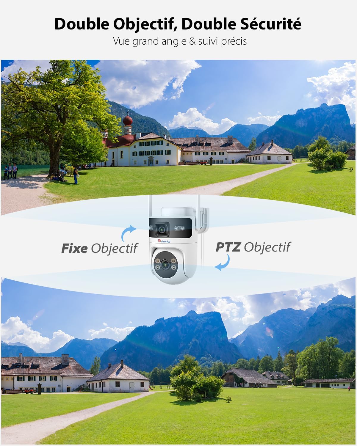 Ctronics Caméra PoE Extérieure Double Objectif, WiFi 2.4/5GHz, PTZ, Vision Nocturne Couleur, IP66
