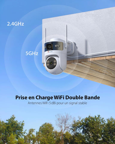 Ctronics Caméra PoE Extérieure Double Objectif, WiFi 2.4/5GHz, PTZ, Vision Nocturne Couleur, IP66