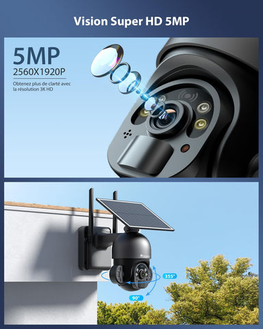 Ctronics Caméra Surveillance WiFi Extérieure 3K 5MP/4MP Solaire 6W, PIR, Vision Nocturne Couleur, PC/Téléphone