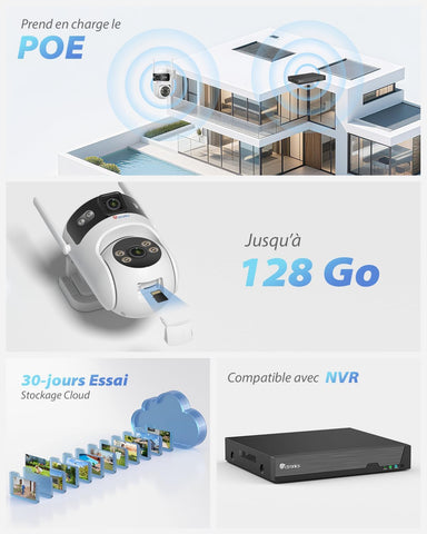 Ctronics Caméra PoE Extérieure Double Objectif, WiFi 2.4/5GHz, PTZ, Vision Nocturne Couleur, IP66