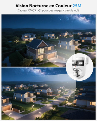 Ctronics Caméra PoE Extérieure Double Objectif, WiFi 2.4/5GHz, PTZ, Vision Nocturne Couleur, IP66