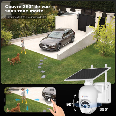 Ctronics Caméra Solaire 4G Sans WiFi, Extérieur Étanche, 4MP 360° Vision, Audio, PIR Détection