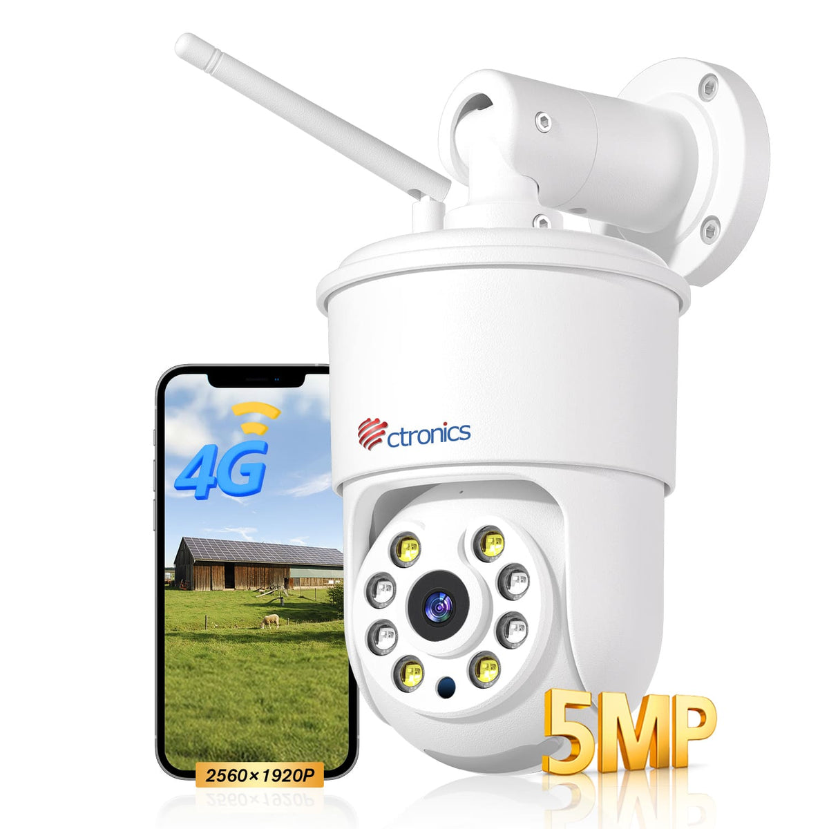 Ctronics 【Métal plein】 5MP Caméra de surveillance extérieure 4G LTE avec carte SIM, détection des personnes / véhicules / animaux, suivi automatique, PC / Smartphone