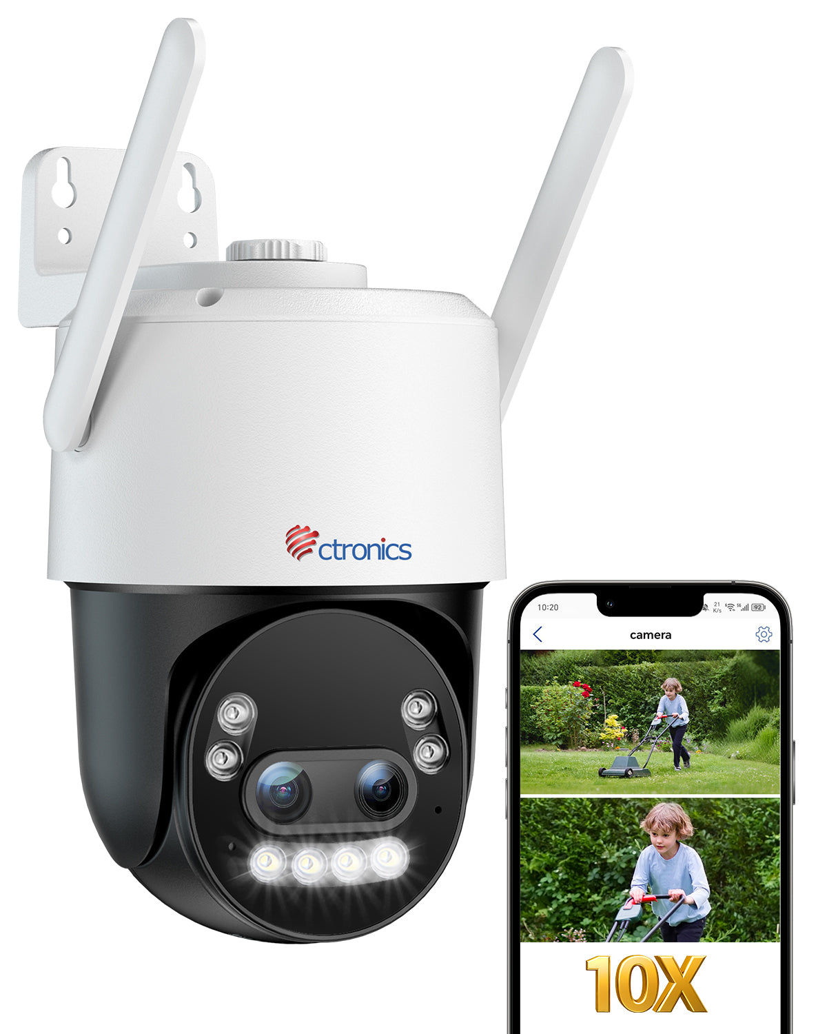 Ctronics Caméra de surveillance extérieure 4K à zoom hybride 10X avec détection des personnes / véhicules / animaux, vision nocturne couleur 8MP, Wi-Fi 2,4/5 GHz, métal