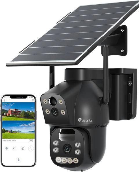 Ctronics Caméra Surveillance Extérieur 4G LTE Double Objectif, Noir Sans Fil, Batterie 15600mAh, Panneau Solaire 8W, Carte SIM Vision Nocturne Couleur, Détection PIR PC/Cloud/IP66-NO WiFi