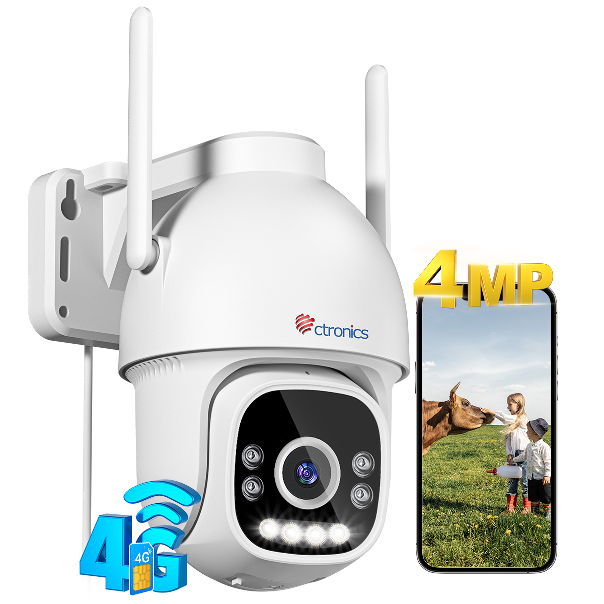 Ctronics 2.5K 4MP 3G/4G LTE Caméra de surveillance extérieure avec carte SIM, caméra IP PTZ pour extérieur, détection de personnes