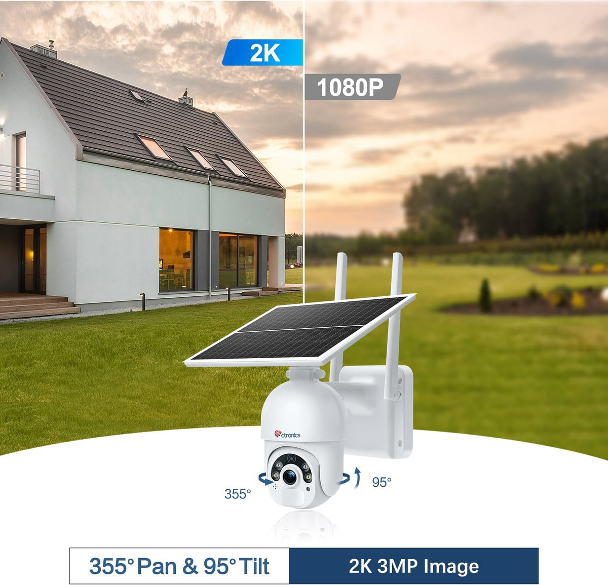 2K 3MP Caméra Surveillance WiFi Extérieure avec Panneau Solaire sur Batterie Rechargeable Détection Humaine PIR