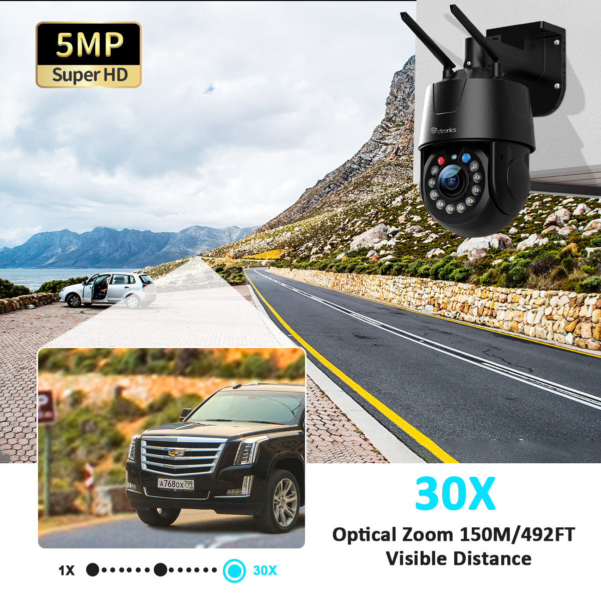 5MP 30X Zoom Optique Métal Caméra Surveillance WiFi Extérieure 5/2.4Ghz Auto Cruise et Zoom