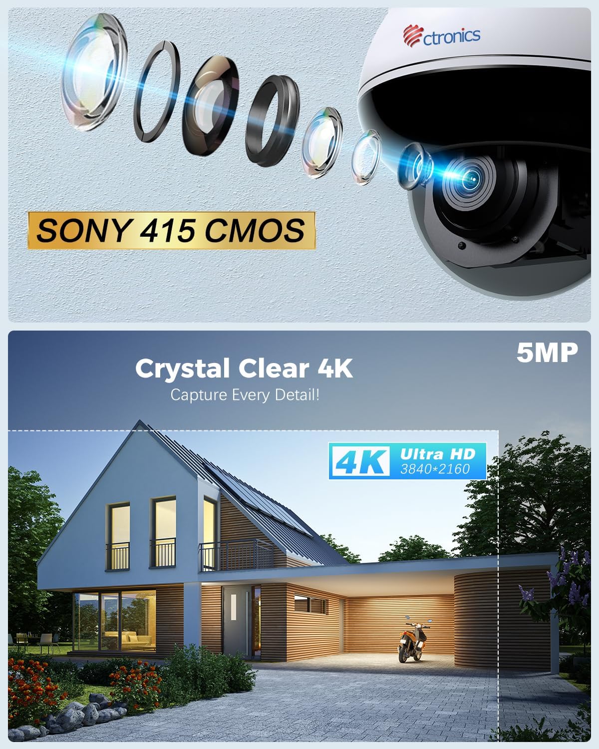 Ctronics 4K 8MP Caméra Surveillance WiFi Extérieure Dôme 2,4 /5 Ghz WiFi Caméra IP PTZ 3840x2160P Détection Personne/Véhicule/Animaux