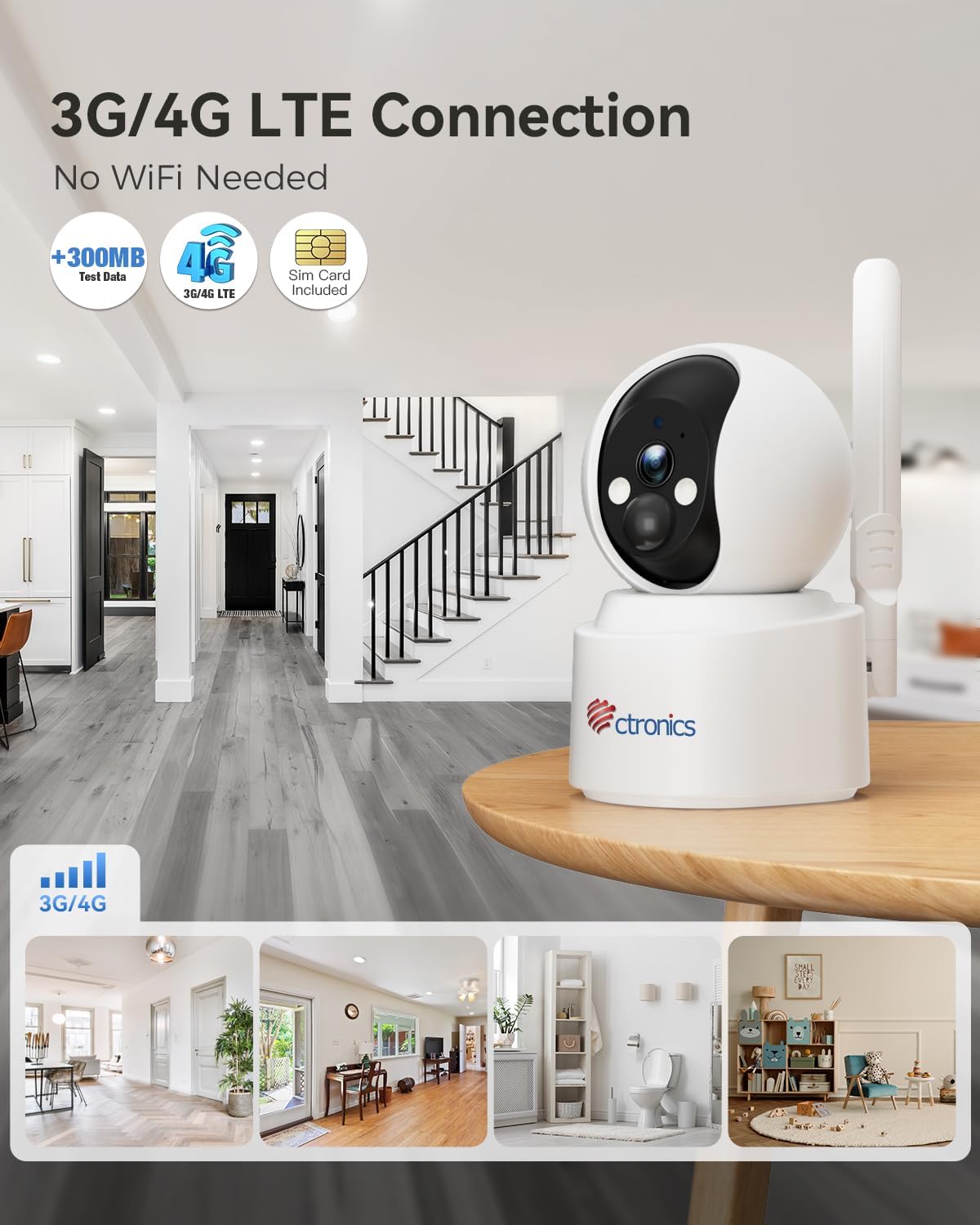 Ctronics 4G LTE & Batterie- 2K Caméra Surveillance Intérieur avec Carte SIM Vision Nocturne Couleur Cloud/PC/Pas WiFi