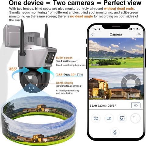 Caméra Surveillance WiFi Exterieure Double-Objectif Double-Vue 2,4GHz/
