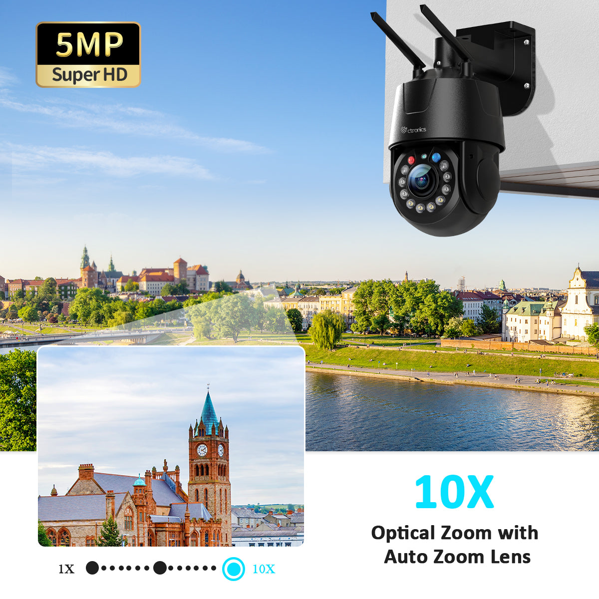 10x Optical Zoom 5MP Ctronics Caméra Surveillance WiFi Extérieure  Suivi Auto avec Zoom e Croisière Détection Humaine