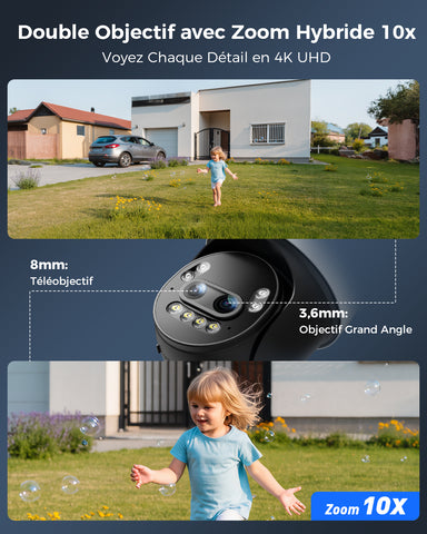 Ctronics Caméra de surveillance extérieure 4K à zoom hybride 10X avec détection des personnes / véhicules / animaux, vision nocturne couleur 8MP, Wi-Fi 2,4/5 GHz, métal