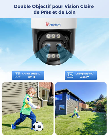 Ctronics 10X zoom hybride 4K Caméra de surveillance extérieure double objectif, suivi automatique / détection des personnes / véhicules / animaux, FTP & NVR