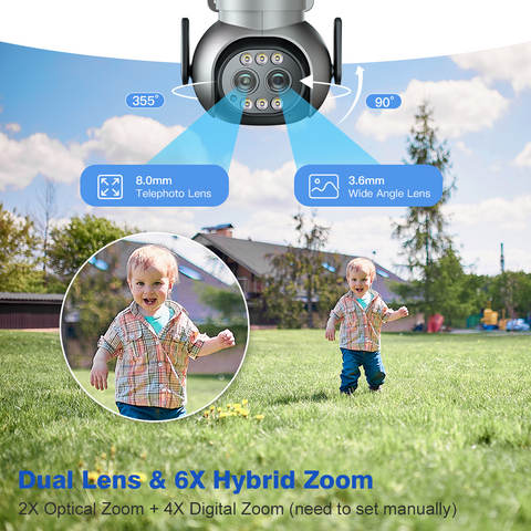 2.5K 4MP Caméra Surveillance WiFi Extérieure avec Double Objectif WiFi 2.4/ 5GHz Zoom Hybride 6X