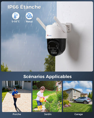 Ctronics Caméra de surveillance extérieure 4K à zoom hybride 10X avec détection des personnes / véhicules / animaux, vision nocturne couleur 8MP, Wi-Fi 2,4/5 GHz, métal