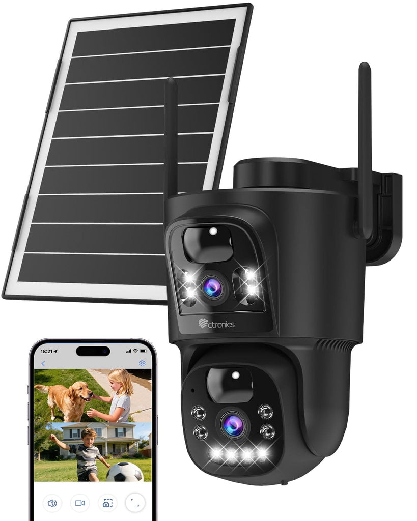 Ctronics Double Objectif Camera Surveillance WiFi Exterieure sans Fil, 2.4/5GHz WiFi Caméra, 8W Panneau Solaire & 10400mAh Batterie, Double PIR, Vision Nocturne Couleur, 128GB TF/Cloud/PC, IP66