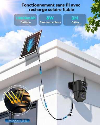 Ctronics Double Objectif Camera Surveillance WiFi Exterieure sans Fil, 2.4/5GHz WiFi Caméra, 8W Panneau Solaire & 10400mAh Batterie, Double PIR, Vision Nocturne Couleur, 128GB TF/Cloud/PC, IP66