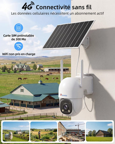 Ctronics Caméra de Surveillance Suivi Auto 30m, 24/7 AOV Solaire 4G | 8W Panneau Solaire,13500mAh Batterie,Carte SIM incluse,Vision Nocturne ,Détection Humaine