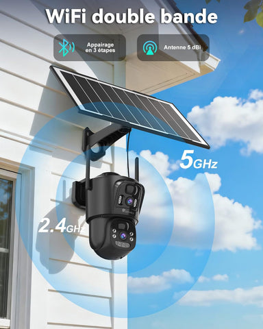 Ctronics Double Objectif Camera Surveillance WiFi Exterieure sans Fil, 2.4/5GHz WiFi Caméra, 8W Panneau Solaire & 10400mAh Batterie, Double PIR, Vision Nocturne Couleur, 128GB TF/Cloud/PC, IP66
