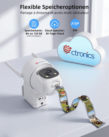 Ctronics Caméra de Surveillance Suivi Auto 30m, 24/7 AOV Solaire 4G | 8W Panneau Solaire,13500mAh Batterie,Carte SIM incluse,Vision Nocturne ,Détection Humaine