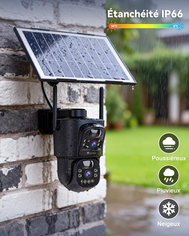 Ctronics Double Objectif Camera Surveillance WiFi Exterieure sans Fil, 2.4/5GHz WiFi Caméra, 8W Panneau Solaire & 10400mAh Batterie, Double PIR, Vision Nocturne Couleur, 128GB TF/Cloud/PC, IP66