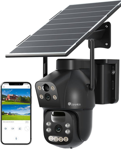 Ctronics Caméra de surveillance sans fil à double objectif 4G LTE Batterie 15600mAh et panneau solaire 8W