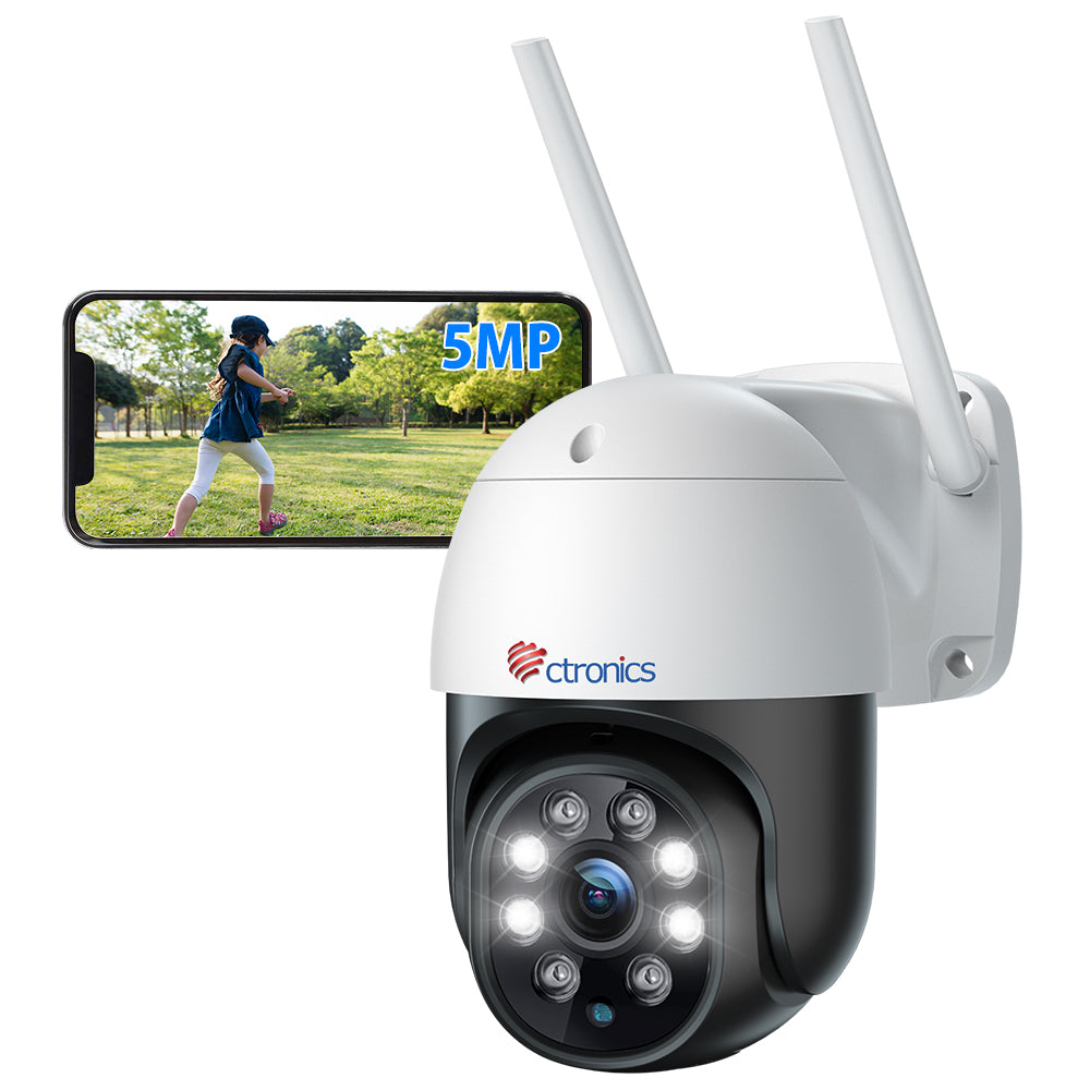 Ctronics 5MP Camera Surveillance WiFi Exterieure, 2,4Ghz/5Ghz WiFi PTZ Camera IP 2560X1920P Couleur Vision Nocturne,Détection Humaine Auto Suivi