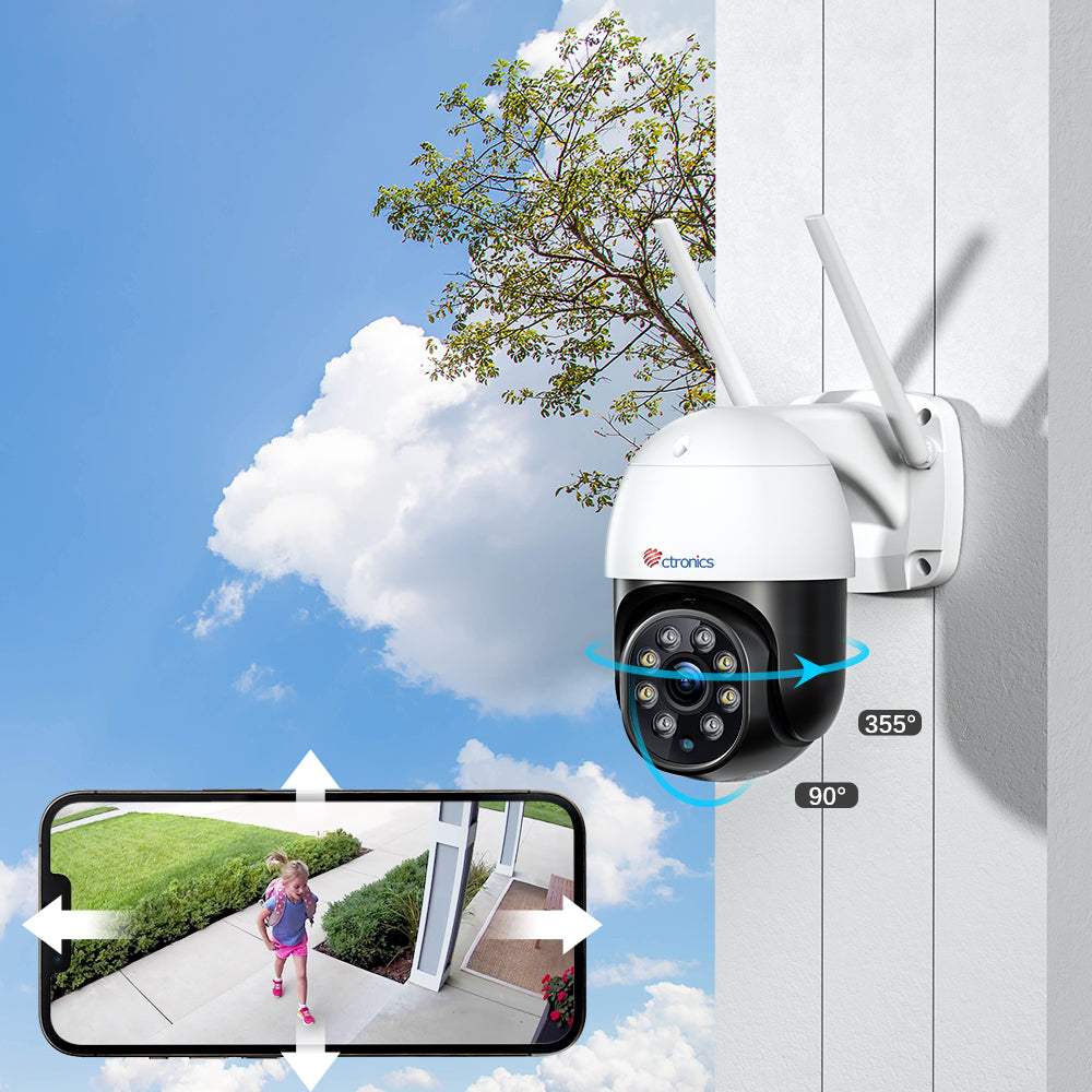 Ctronics 5MP Camera Surveillance WiFi Exterieure, 2,4Ghz/5Ghz WiFi PTZ Camera IP 2560X1920P Couleur Vision Nocturne,Détection Humaine Auto Suivi