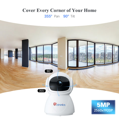 5MP Caméra Surveillance WiFi Intérieur Ctronics 360° PTZ Caméra avec Détection Humaine/Mouvement Suivi Auto